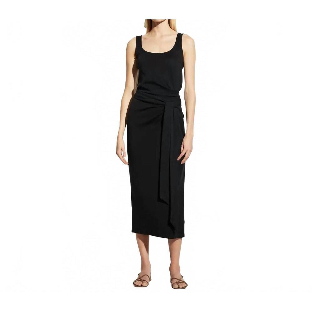 NEW VINCE cotton midi wrap dress in black